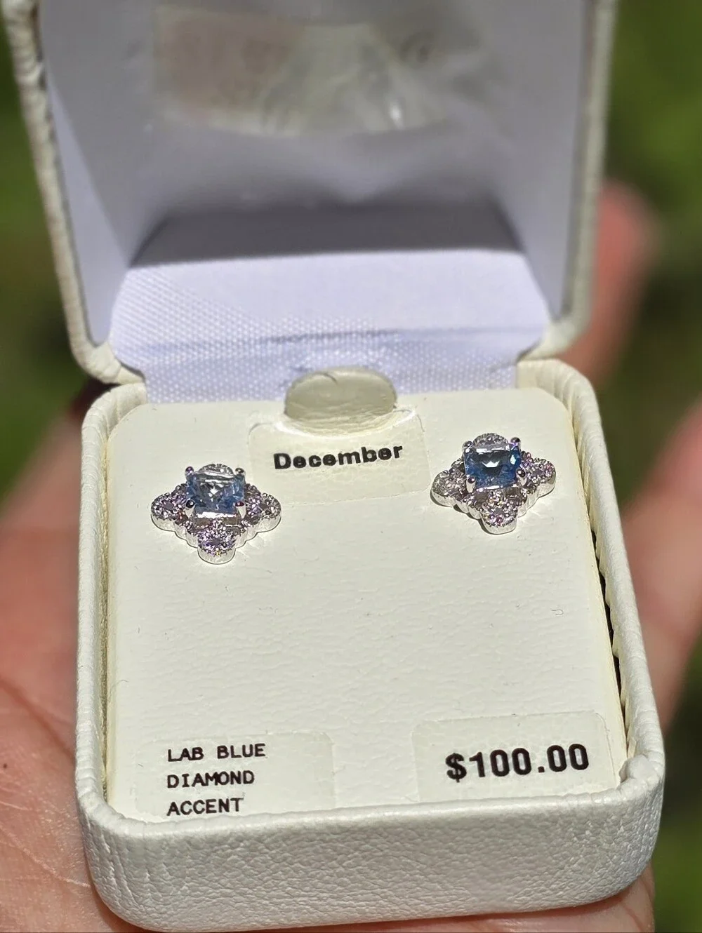 NWT sterling silver 925 blue diamond clover diamond accent December studs earrin